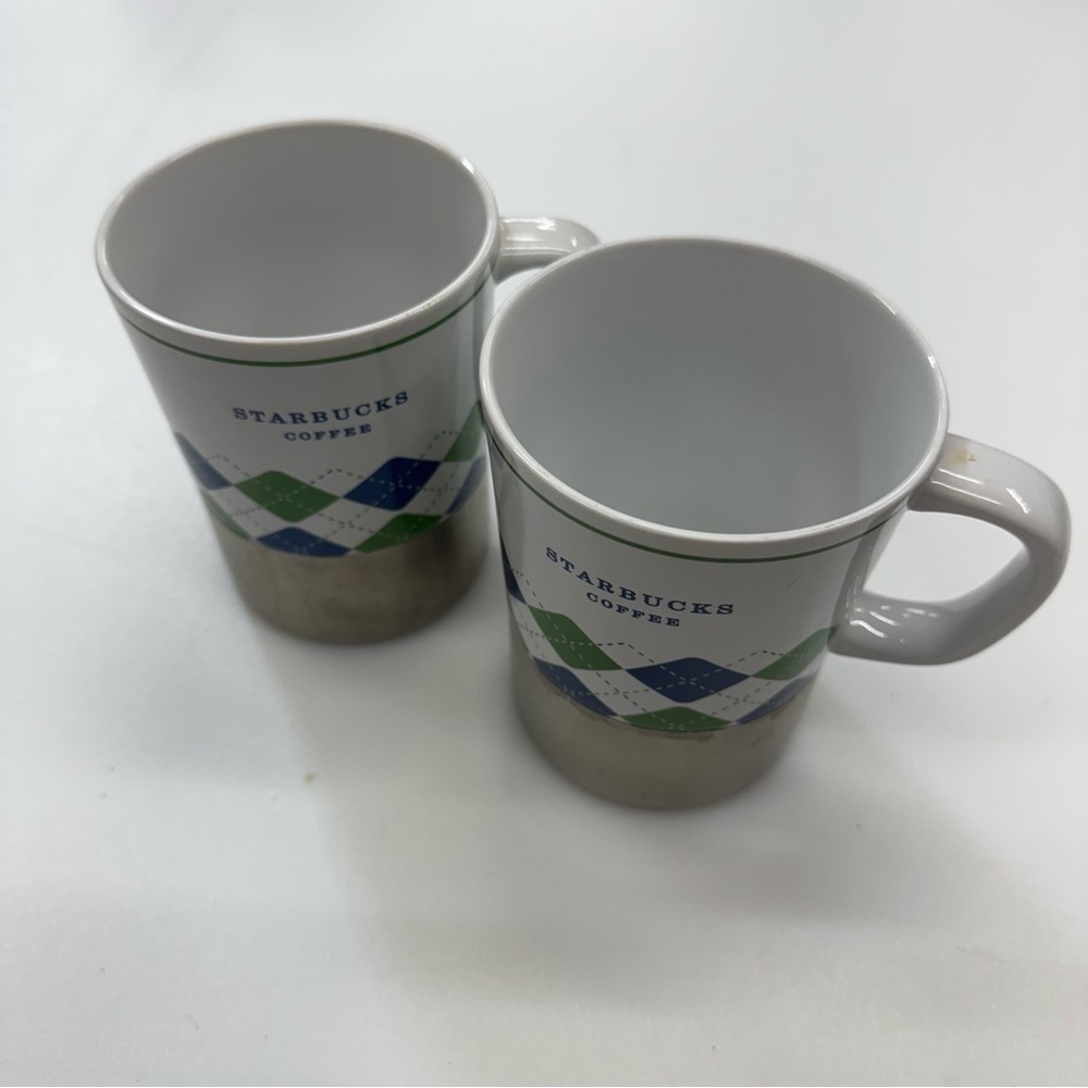 2006 Starbucks White Green Blue Coffee Cup Mug Stainless Steel Base Set Of 2